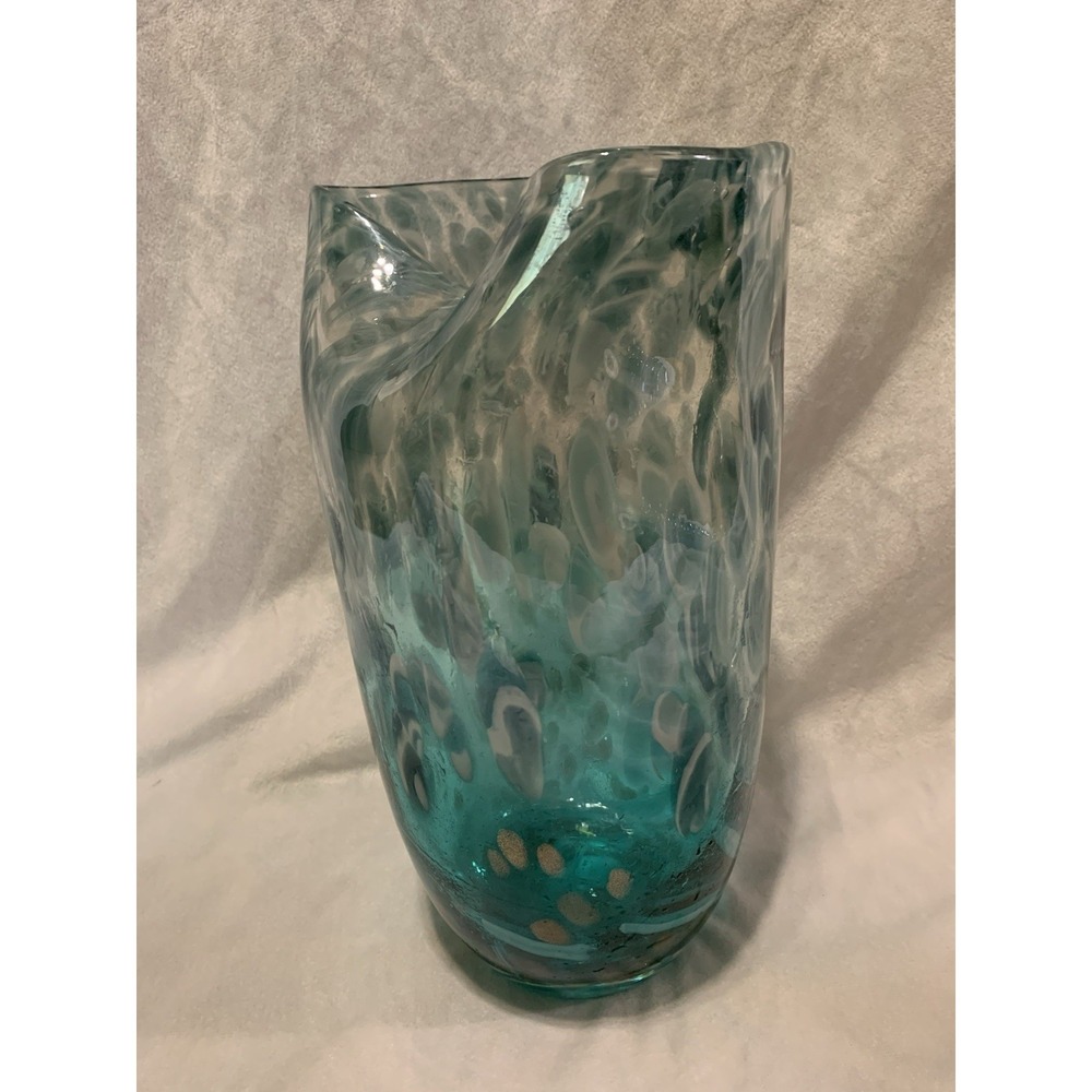 Art Glass SAGEBROOK TEAL GOLD LUTZ BLUe GRAY WHITE MARBLE VASE Art Deco